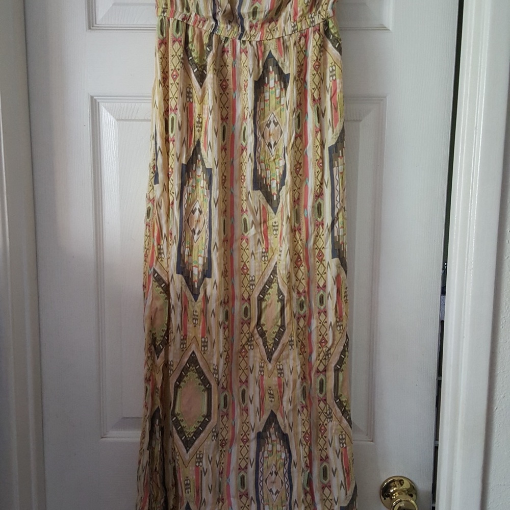 O'Neill Cream, black and Pink Smocked A-Line Maxi Dress